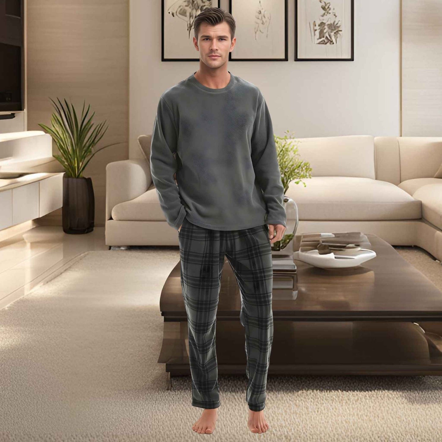Fluffy Fleece Pajamas for Men – Grey Check Cozy Thermal Pajama Set for Ultimate Comfort