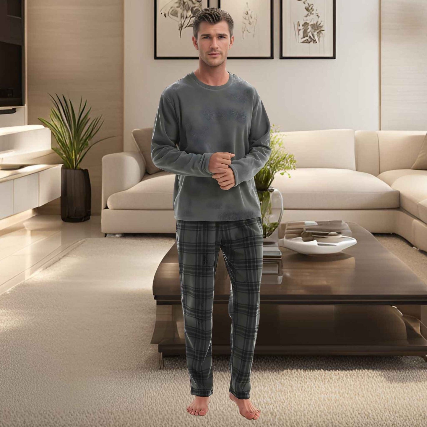 Fluffy Fleece Pajamas for Men – Grey Check Cozy Thermal Pajama Set for Ultimate Comfort