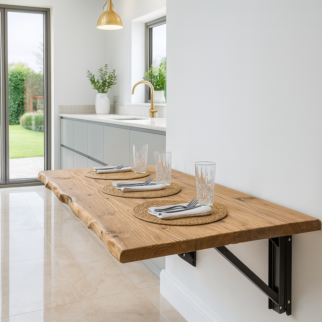 Live / Waney Edge Foldable Wall-Mounted Solid Wood Table – Rustic Wood with Heavy-Duty Black Brackets – Space-Saving Desk for Kitchen, Office, or Small Spaces