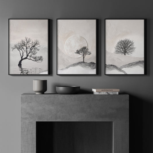 Forest Art Scandinavian Trees & Moon Landscape Wall Art Prints | Set of 3