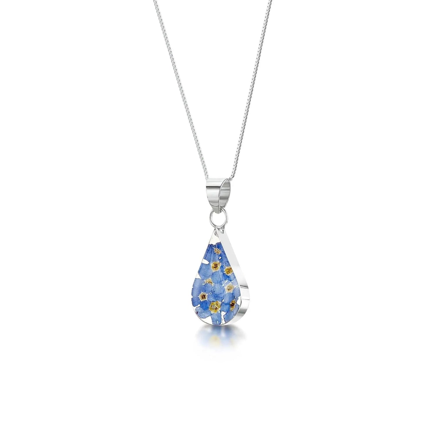 Forget-me-not necklace by Shrieking Violet® Silver teardrop pendant with real forget-me-nots