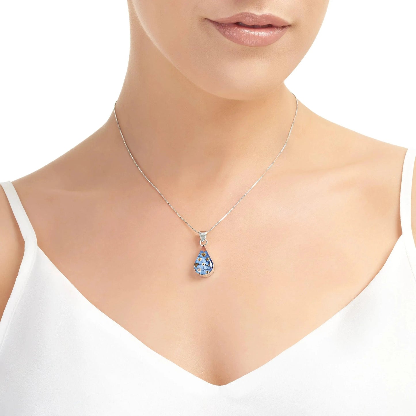 Forget-me-not necklace by Shrieking Violet® Silver teardrop pendant with real forget-me-nots