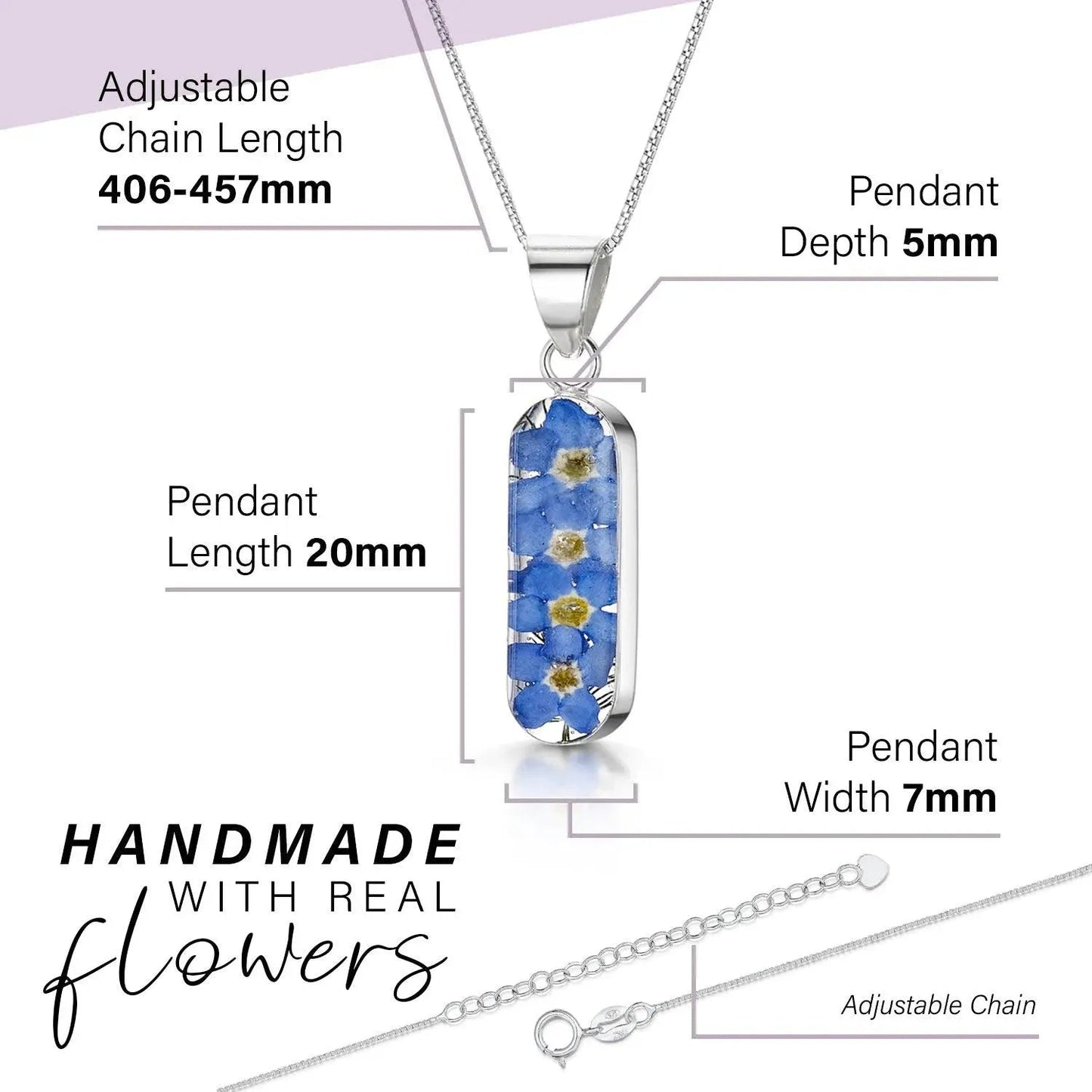 Forget me not necklace 'Leela' pendant. Handmade with real flowers.