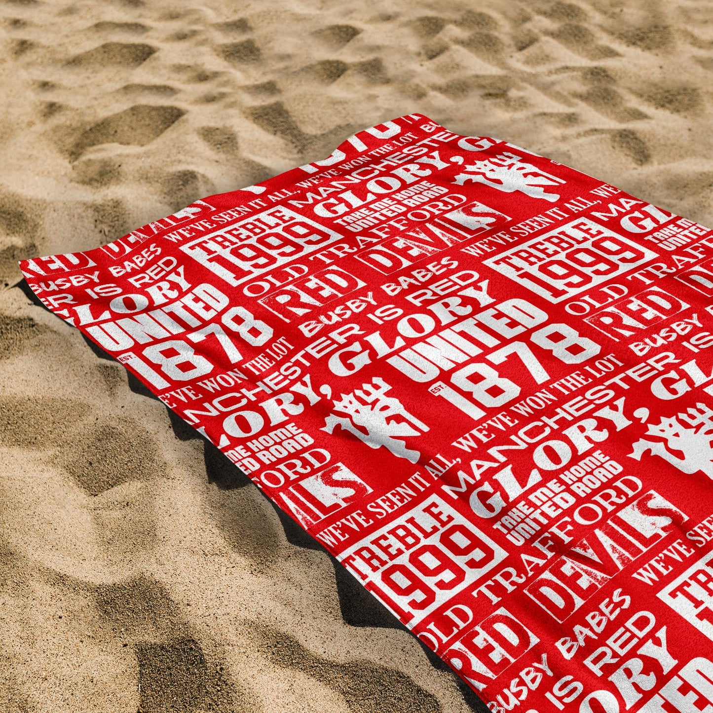 Manchester Red - Word Montage - Beach Towel - Microfibre Retro Beach Towel - 150cm x 75cm