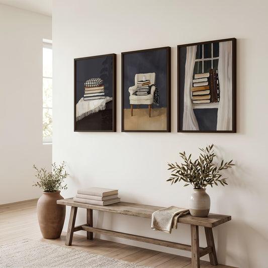 Framed 3 Piece Wall Art Bohemian Book Lover Reading Nook Grey Still Life | Set of 3