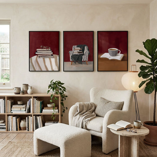Framed Artwork for Living Room Bohemian Book Lover Burgundy Reading Nook Wall Art Prints | Set of 3