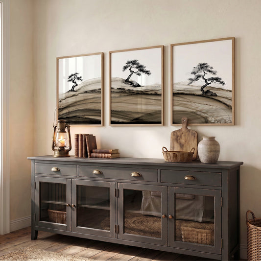 Framed Asian Wall Art Japanese Ink Bonsai Pine Trees on Rolling Hills | Set of 3