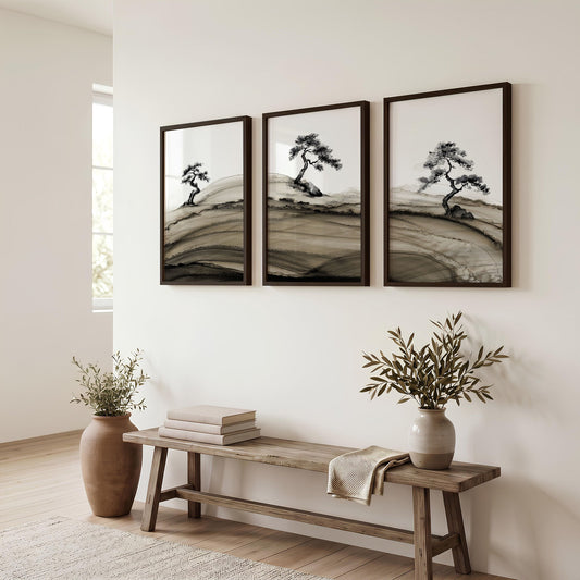 Framed Asian Wall Art Japanese Ink Bonsai Pine Trees on Rolling Hills | Set of 3
