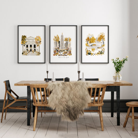 Framed Dining Room Wall Art "Autumn in New York" NYC Travel Watercolour Beige & Ochre | Set of 3
