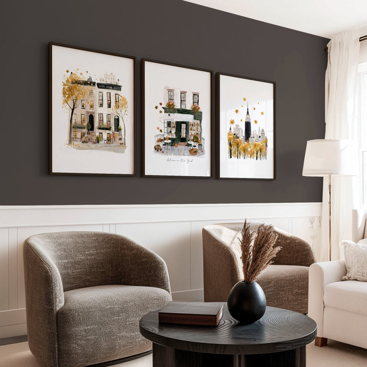 Framed New York Wall Art "Autumn in New York" Ochre Watercolour Travel Prints | Set of 3