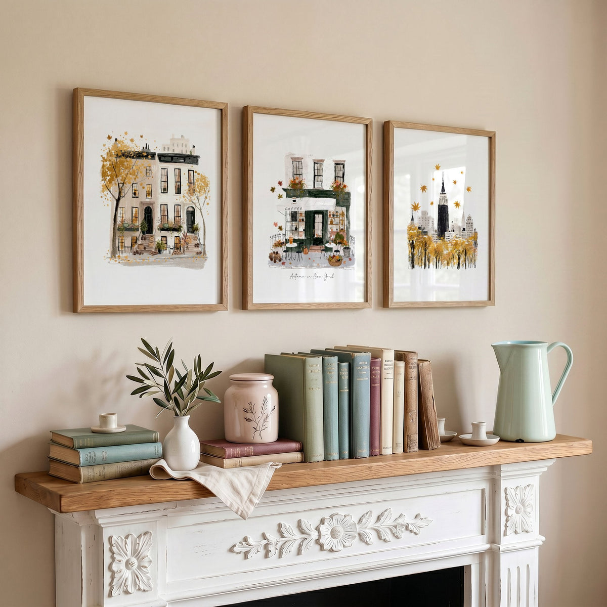 Framed New York Wall Art "Autumn in New York" Ochre Watercolour Travel Prints | Set of 3