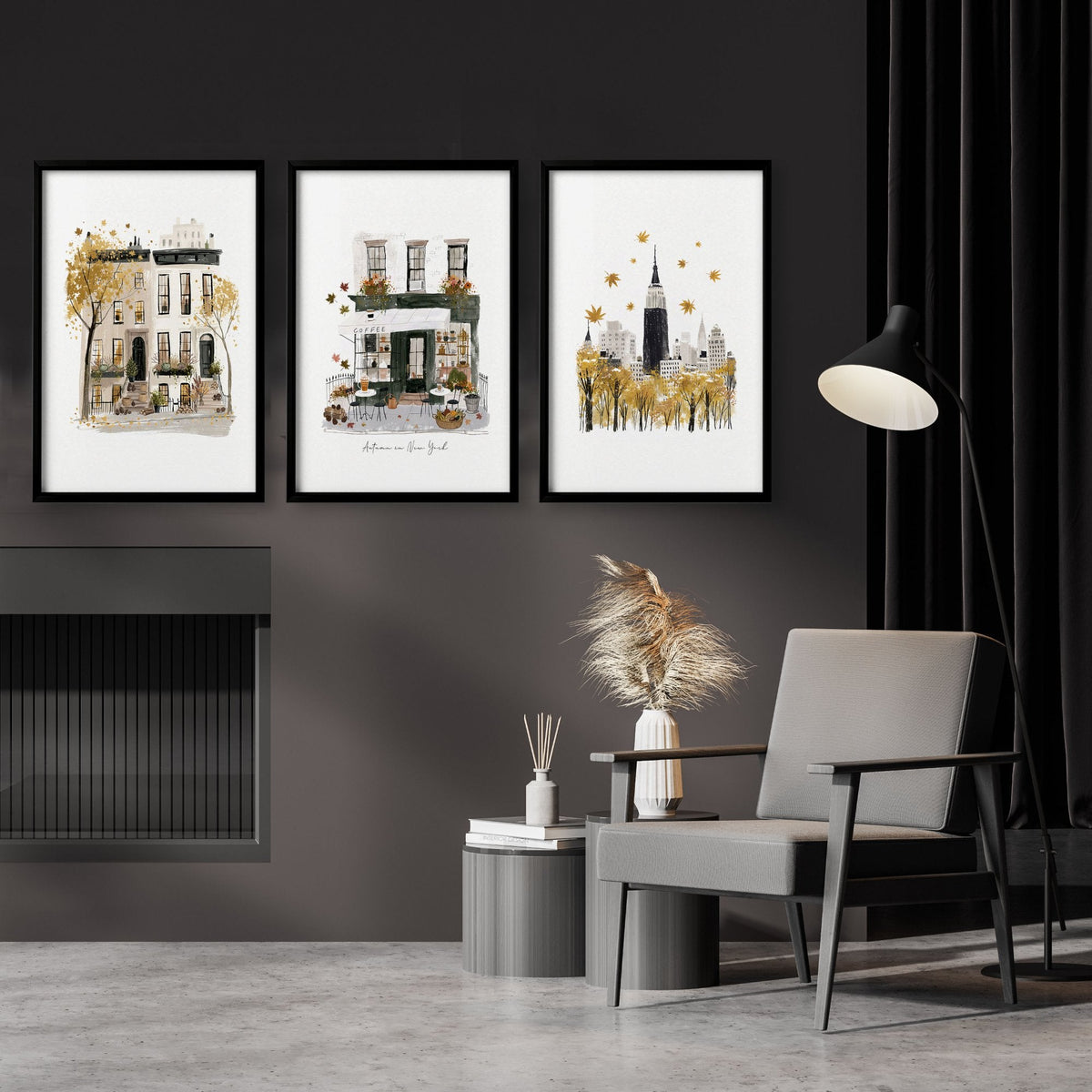 Framed New York Wall Art "Autumn in New York" Ochre Watercolour Travel Prints | Set of 3