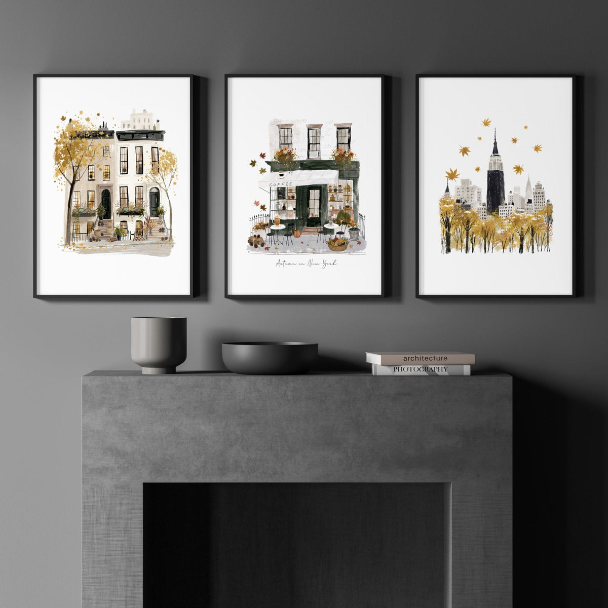 Framed New York Wall Art "Autumn in New York" Ochre Watercolour Travel Prints | Set of 3