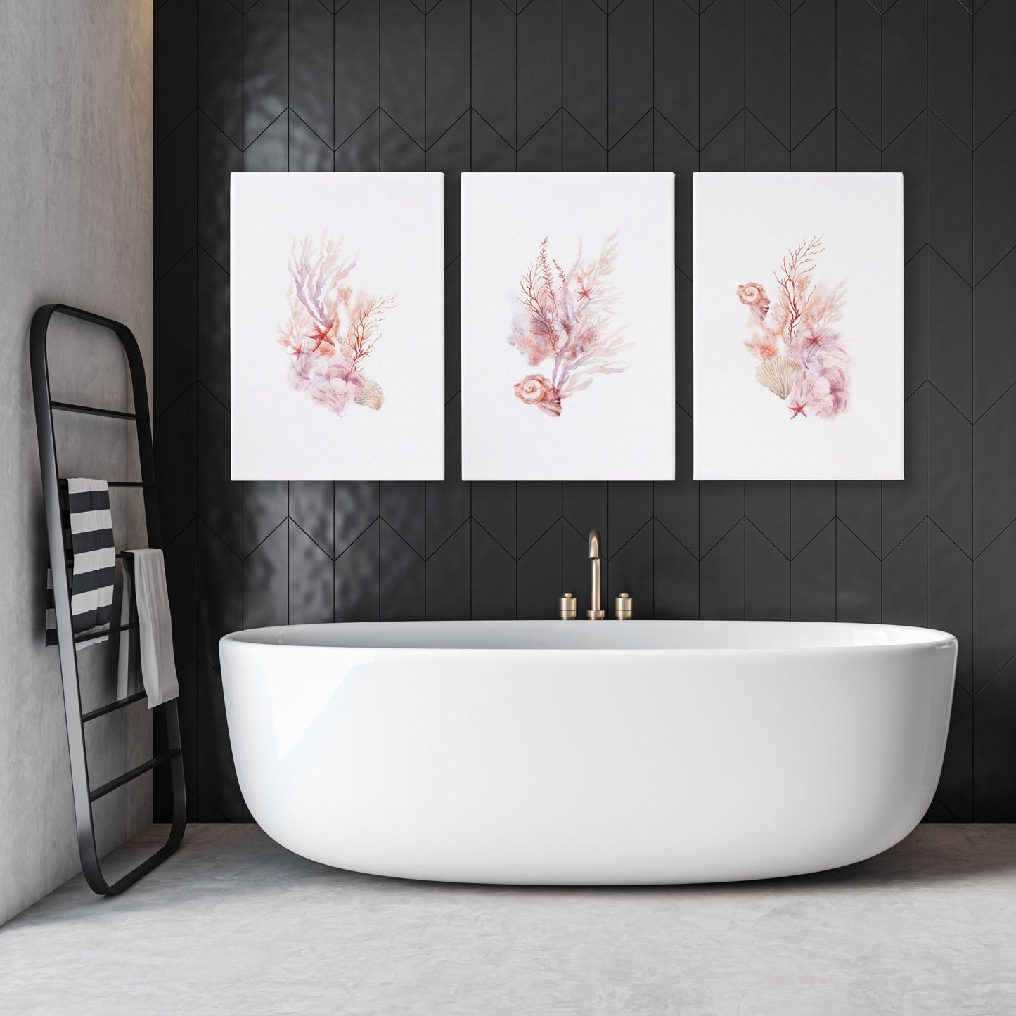 Framed Pictures For The Bathroom | Set of 3 Seashells Wall art Prints