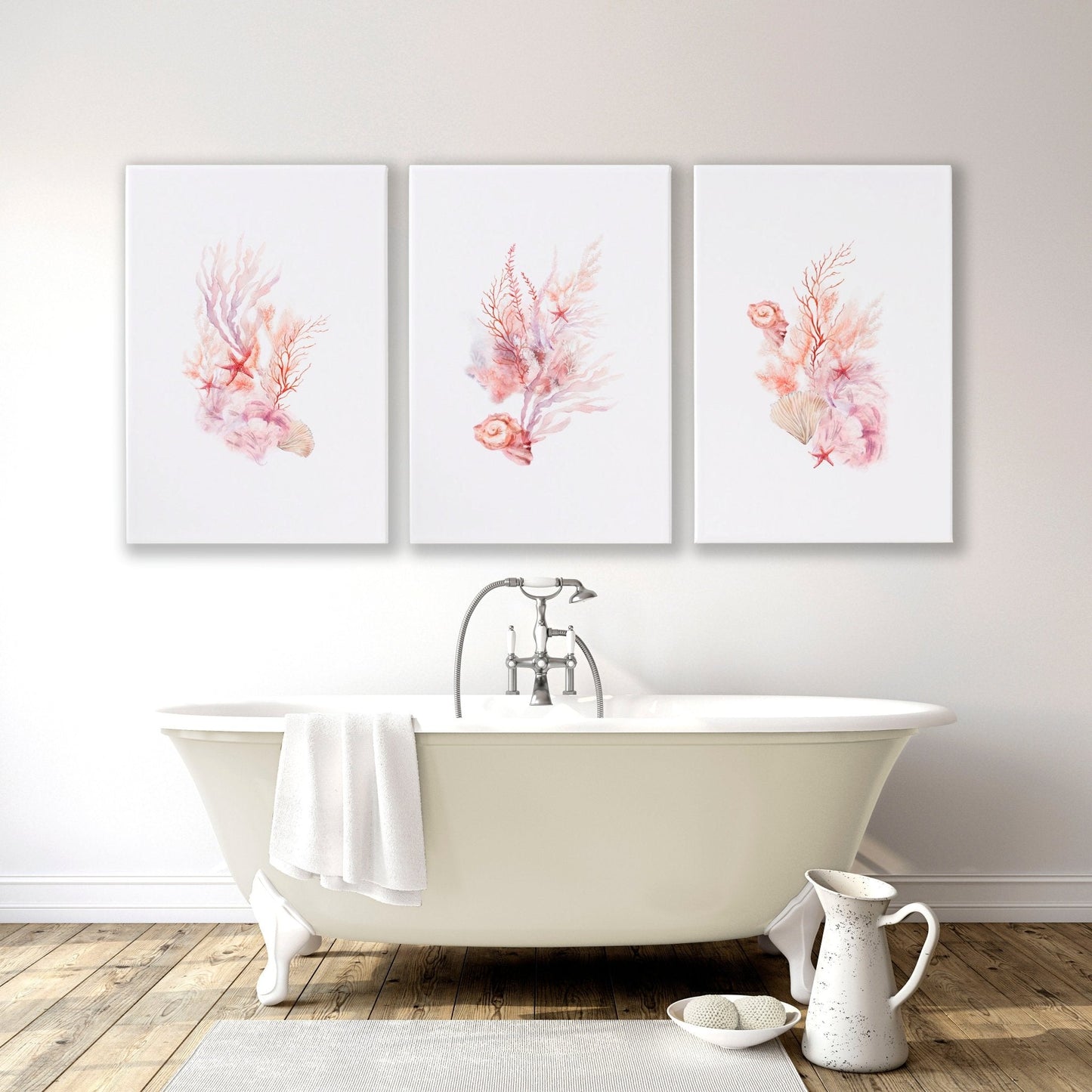 Framed Pictures For The Bathroom | Set of 3 Seashells Wall art Prints