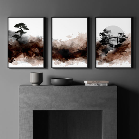 Japandi Japanese Ink Wash Landscape Wall Art Prints | Bonsai, Bridge & Moon | Set of 3
