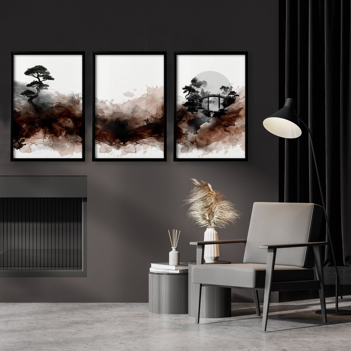 Japandi Japanese Ink Wash Landscape Wall Art Prints | Bonsai, Bridge & Moon | Set of 3