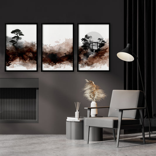 Japandi Japanese Ink Wash Landscape Wall Art Prints | Bonsai, Bridge & Moon | Set of 3