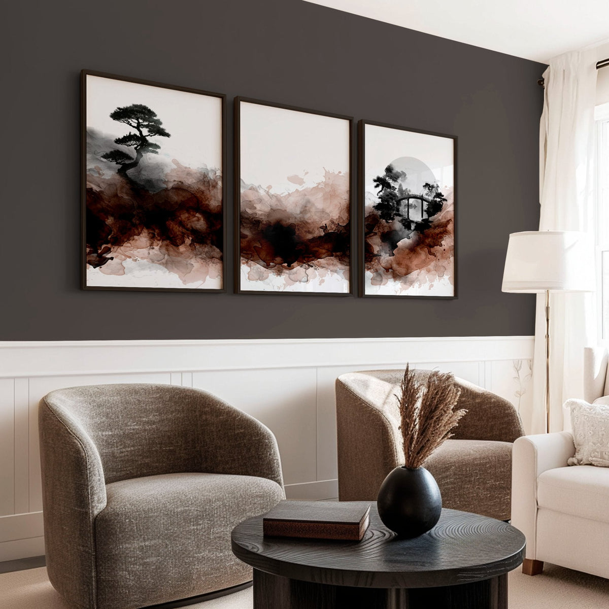 Japandi Japanese Ink Wash Landscape Wall Art Prints | Bonsai, Bridge & Moon | Set of 3