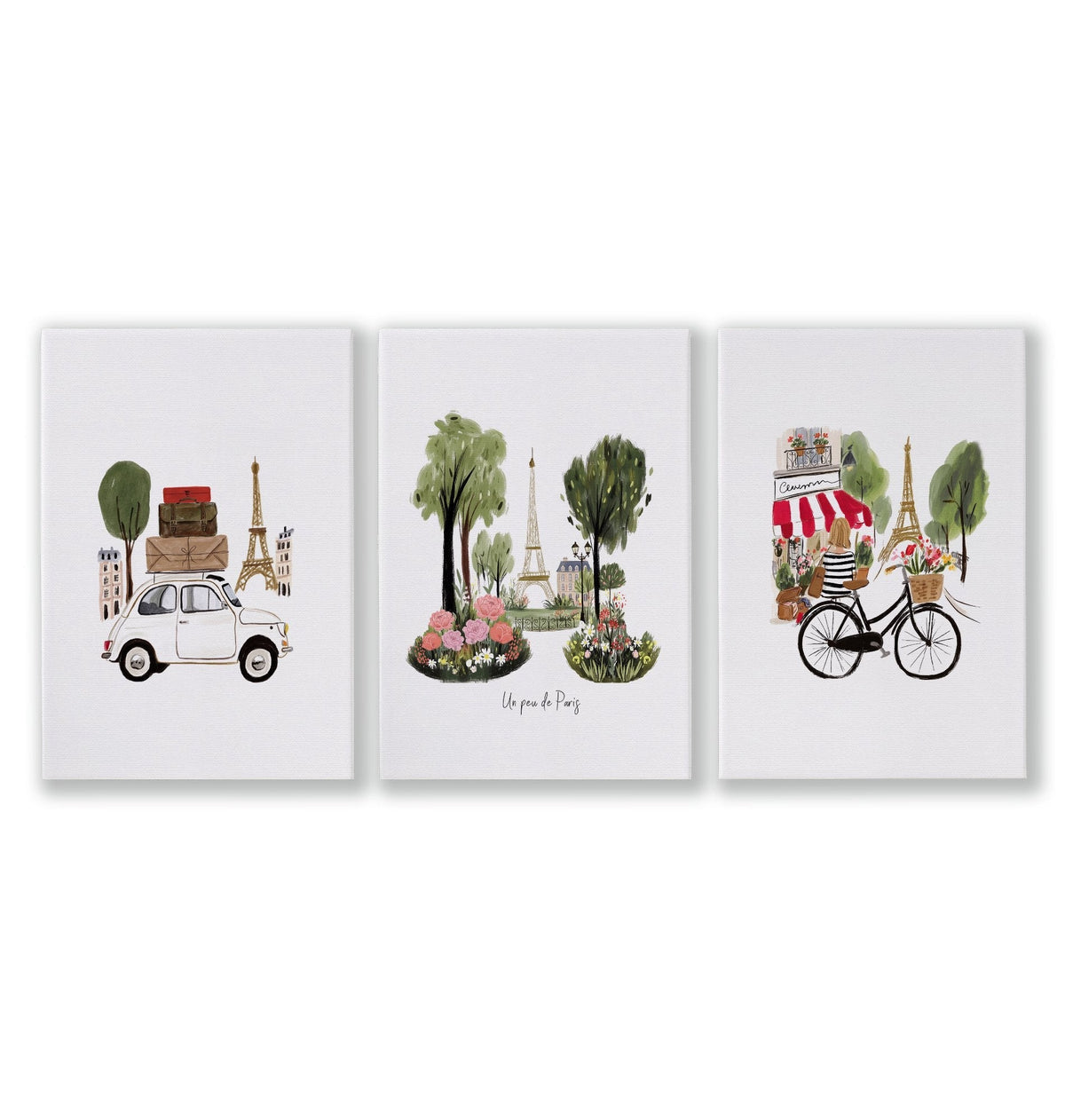 French Posters Paris Travel Wall Art Prints | "Un peu de Paris" Eiffel Tower, Bicycle & Car Set of 3