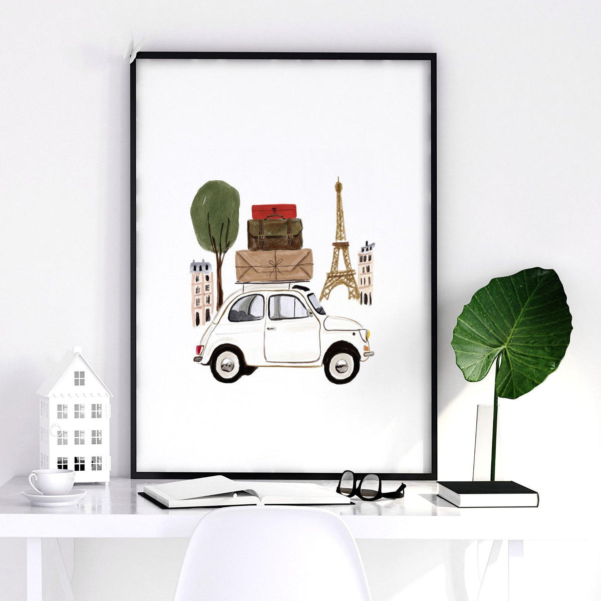 French Posters Paris Travel Wall Art Prints | "Un peu de Paris" Eiffel Tower, Bicycle & Car Set of 3