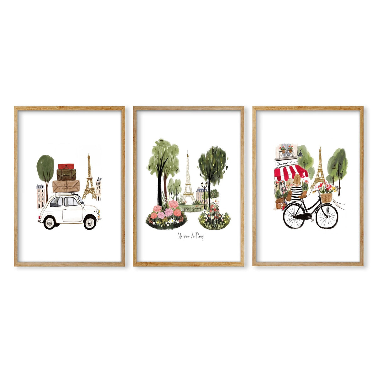 French Posters Paris Travel Wall Art Prints | "Un peu de Paris" Eiffel Tower, Bicycle & Car Set of 3
