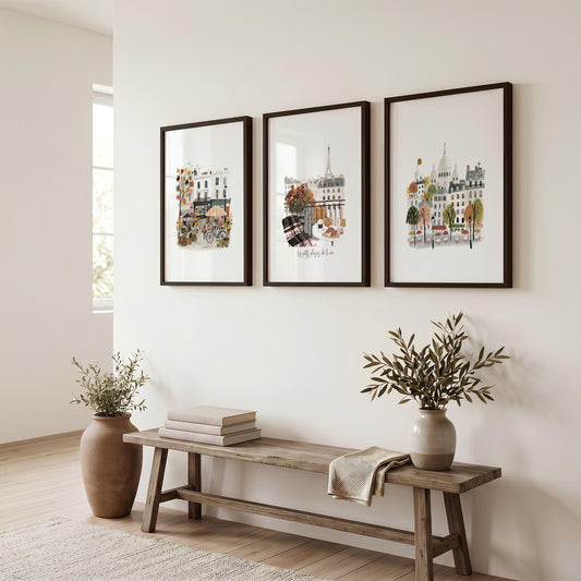 Front Room Pictures Paris Eiffel Tower Autumn Travel Wall Art Prints | "Les Petits Plaisirs de la Vie" | Set of 3