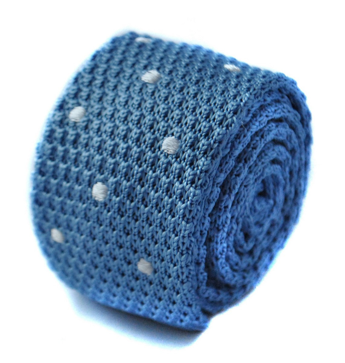 light blue skinny knitted tie with white polka dots