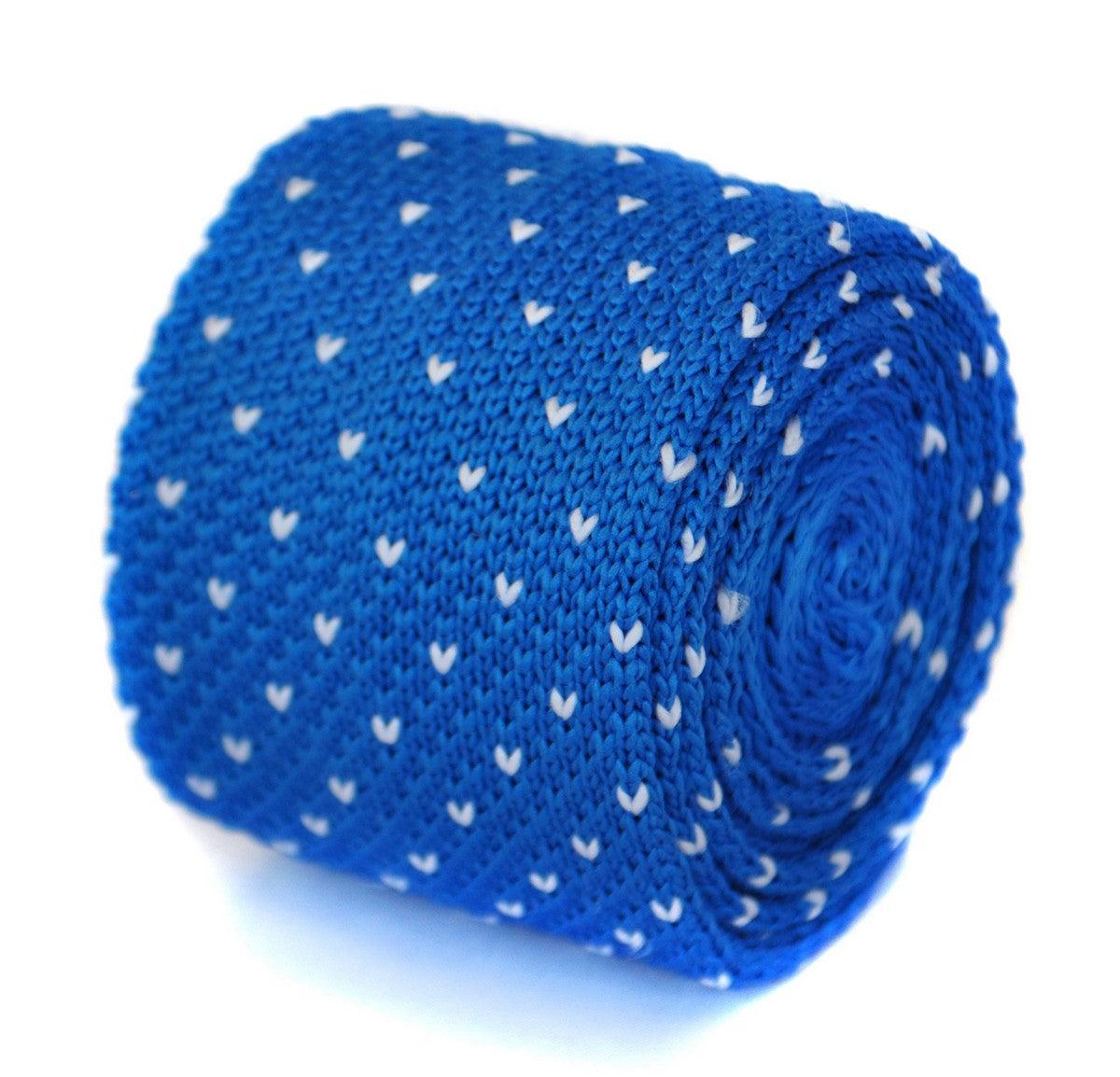 bright royal blue skinny knitted tie with white polka dots