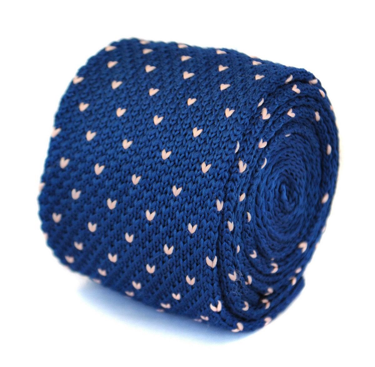 navy blue skinny knitted tie with pink polka dots