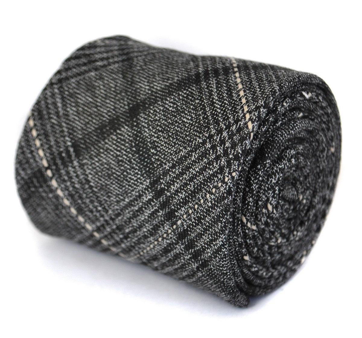 black and grey check tweed wool slim tie