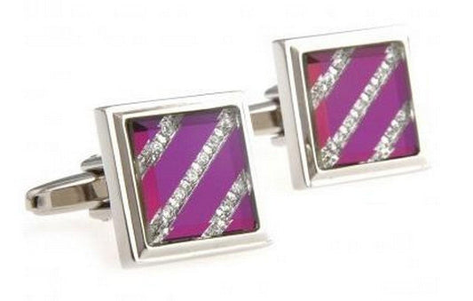 silver cufflinks with purple and crystal striped square