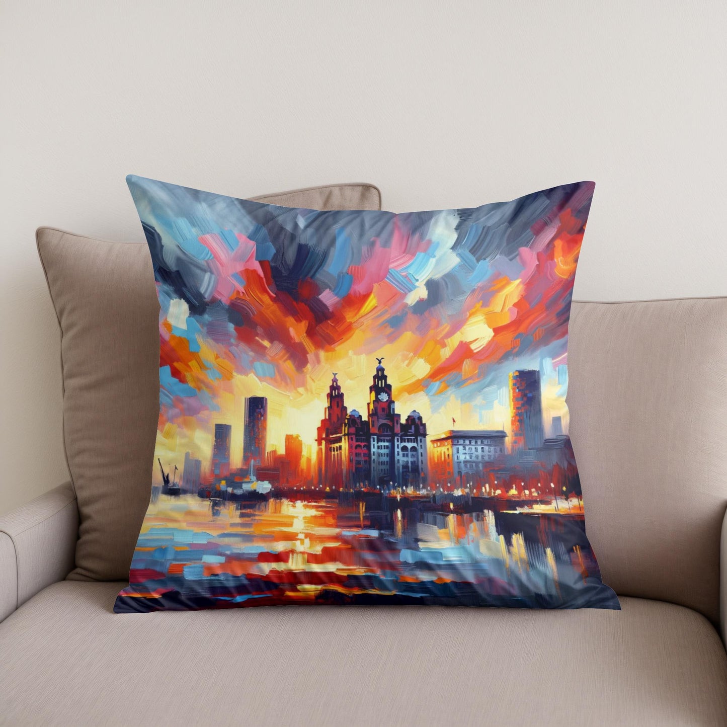 Expressionist Sunset Liverpool Skyline Cotton Cushion
