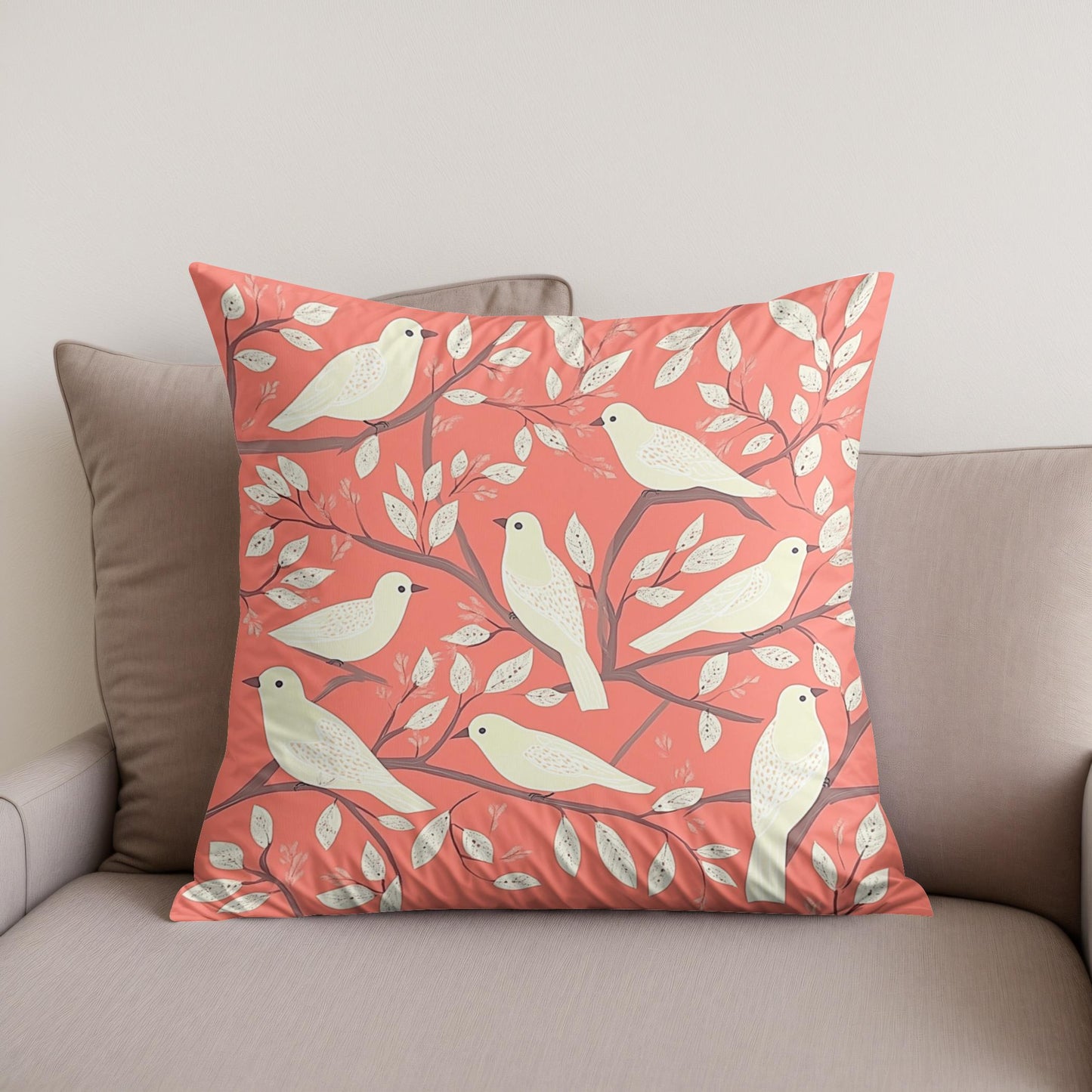 Coral Cream Bird Folk Art Cotton Cushion