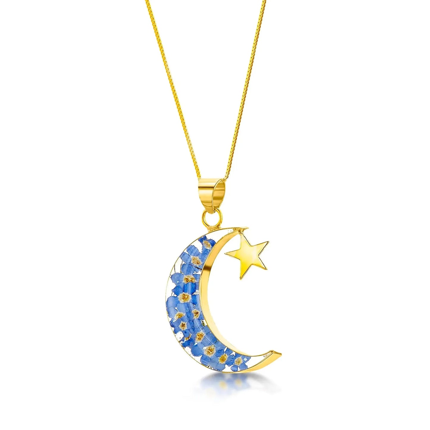 Moon & star necklace - Sterling silver pendant with real forget-me-nots