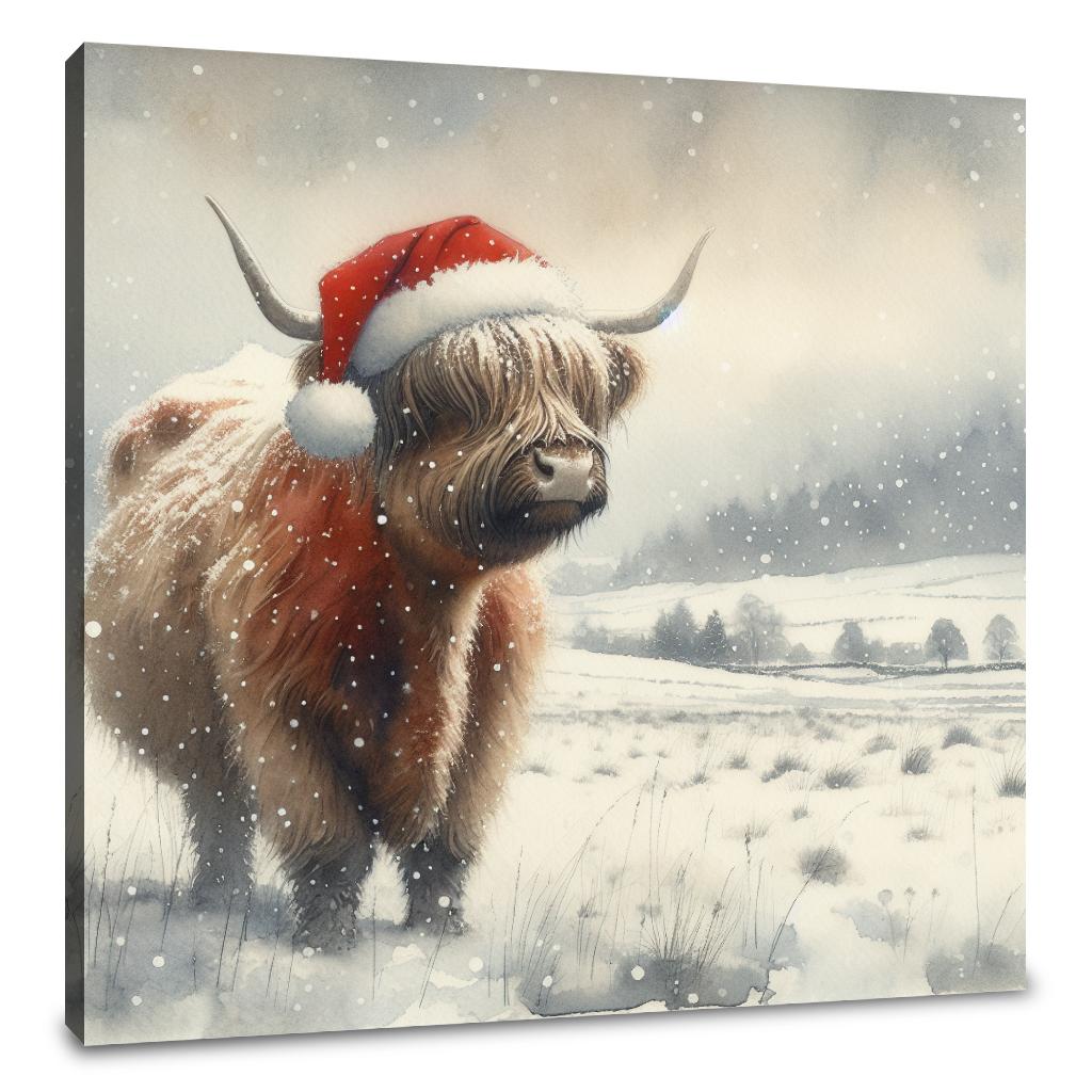 Highland Christmas Cow Watercolour Canvas