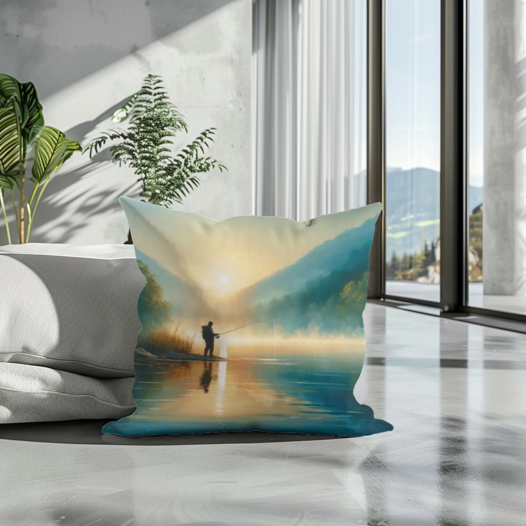 Tranquil Dawn Fishing Cotton Cushion