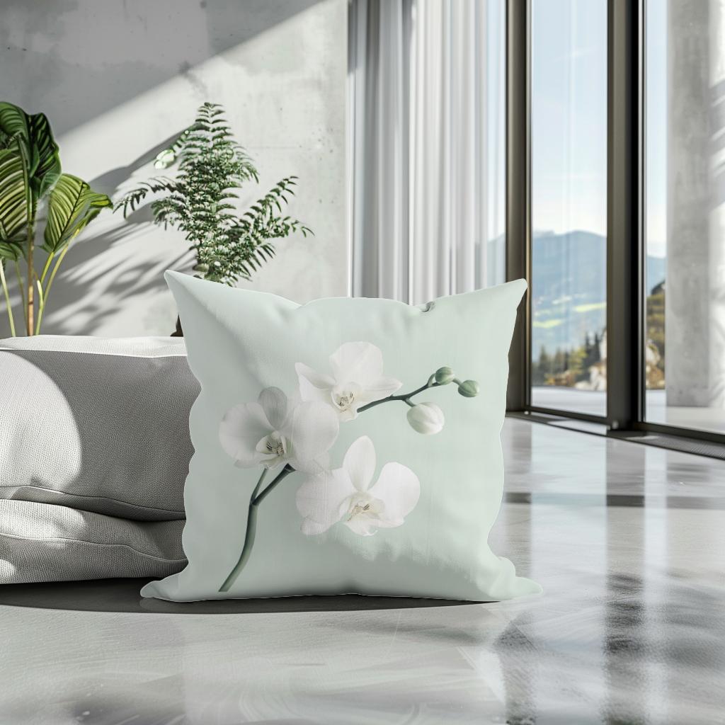 White Orchid on Mint Cotton Cushion