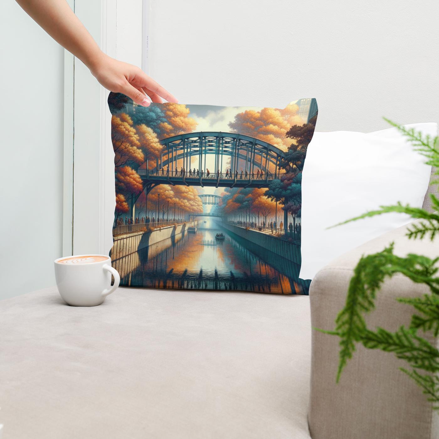 Autumn Urban Bridge Cotton Cushion