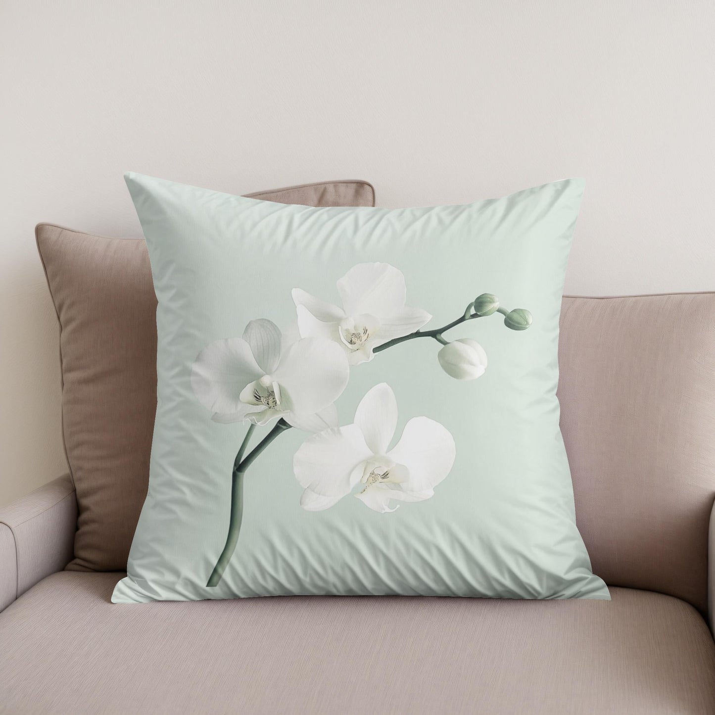 White Orchid on Mint Cotton Cushion