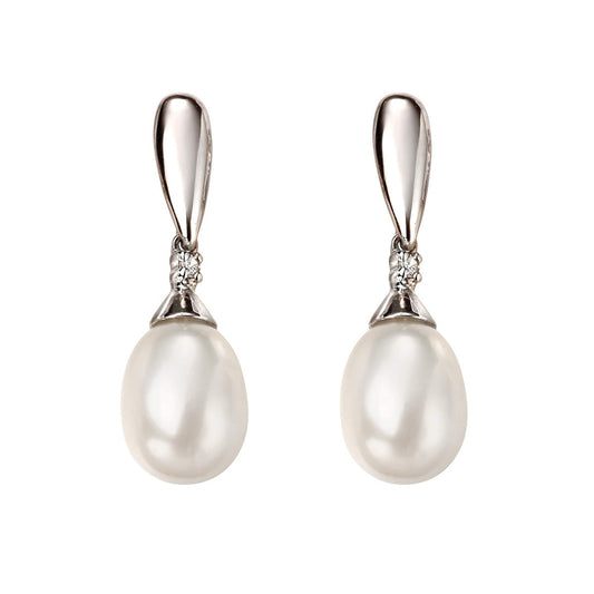 Elements Gold Freshwater Pearl and Diamond Drop Earrings