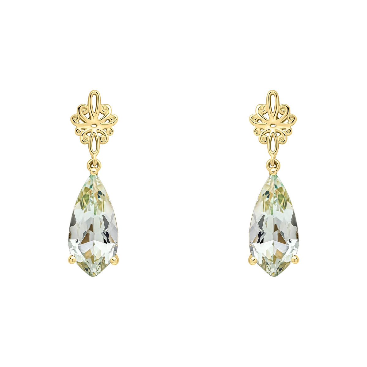 Elements Gold Fancy Cut Green Quartz Drop Earrings with Swirl Detail
