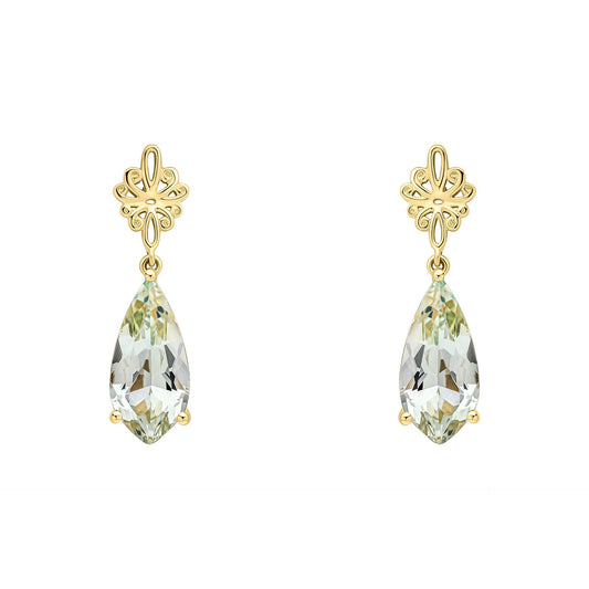 Elements Gold Fancy Cut Green Quartz Drop Earrings with Swirl Detail