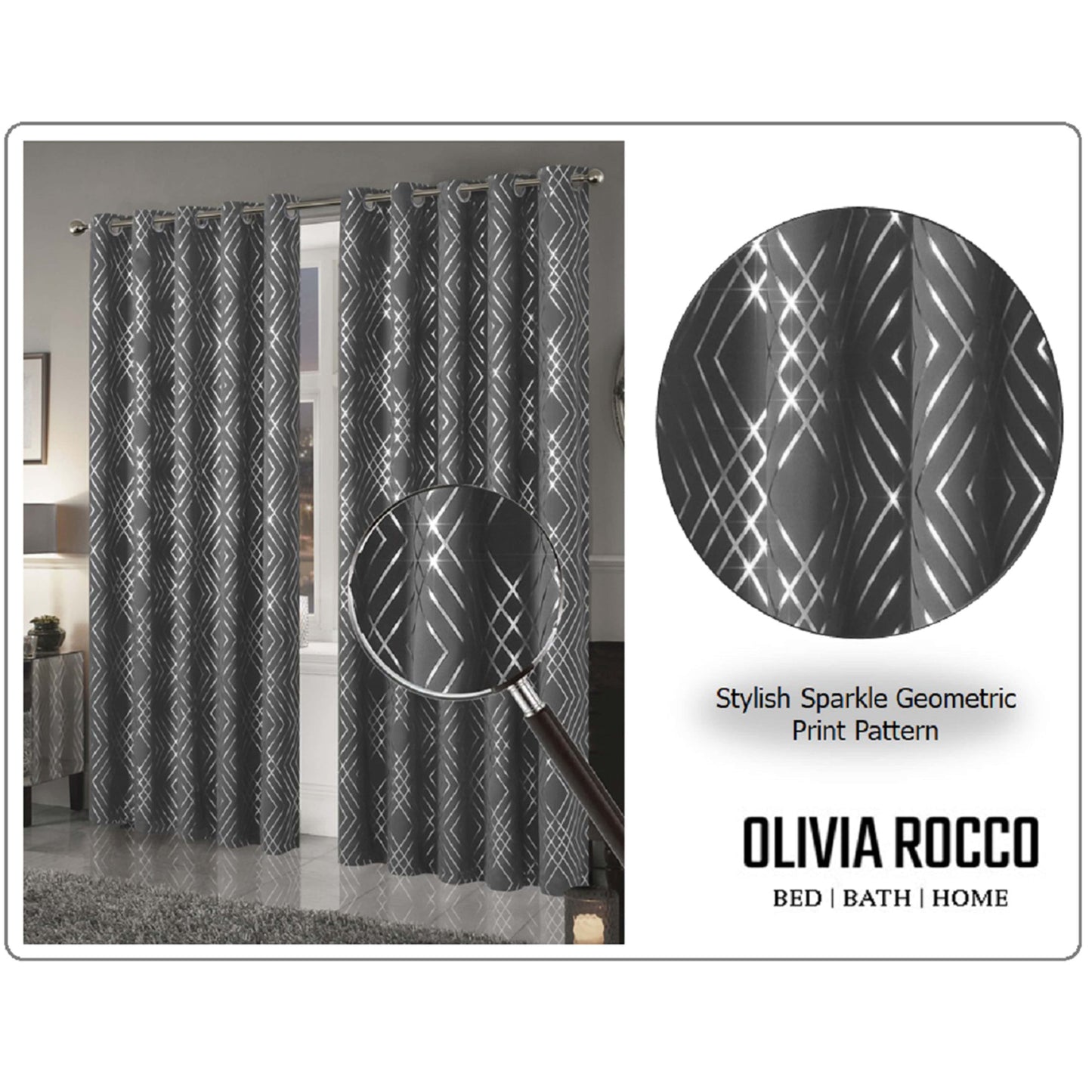 Geometric Silver Sparkle Blackout Curtains Soft Thermal Insulated Eyelet Ring Top Living Room & Bedroom Drapes by OLIVIA ROCCO