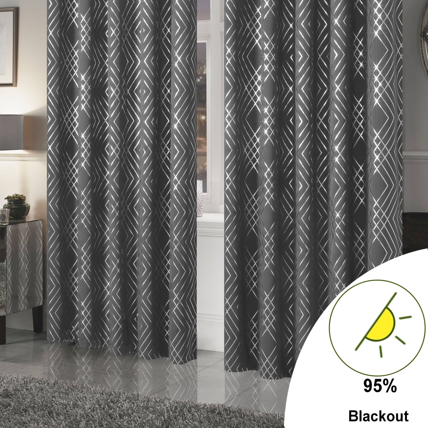 Geometric Silver Sparkle Blackout Curtains Soft Thermal Insulated Eyelet Ring Top Living Room & Bedroom Drapes by OLIVIA ROCCO