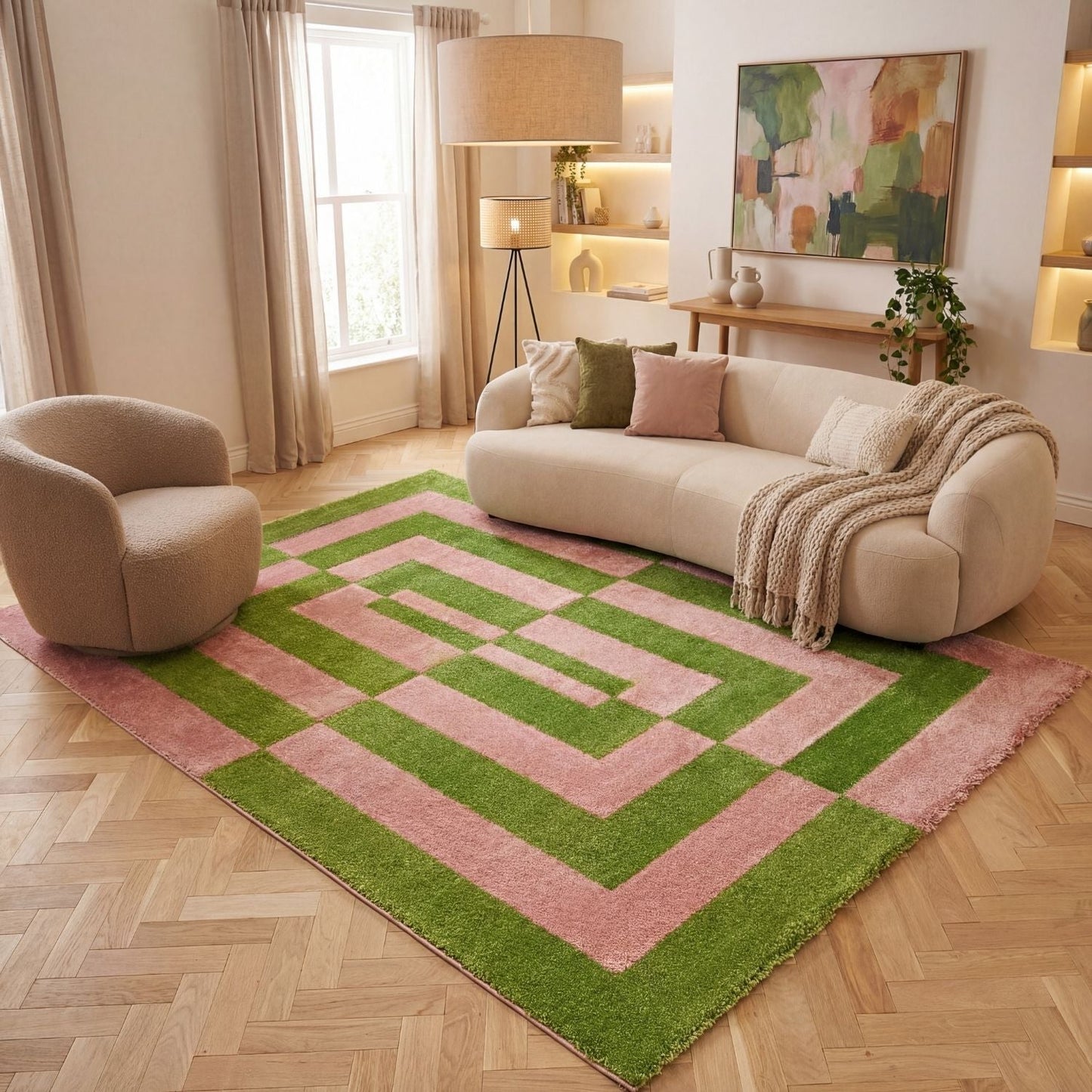 Joli Geometric Green & Pink Rug
