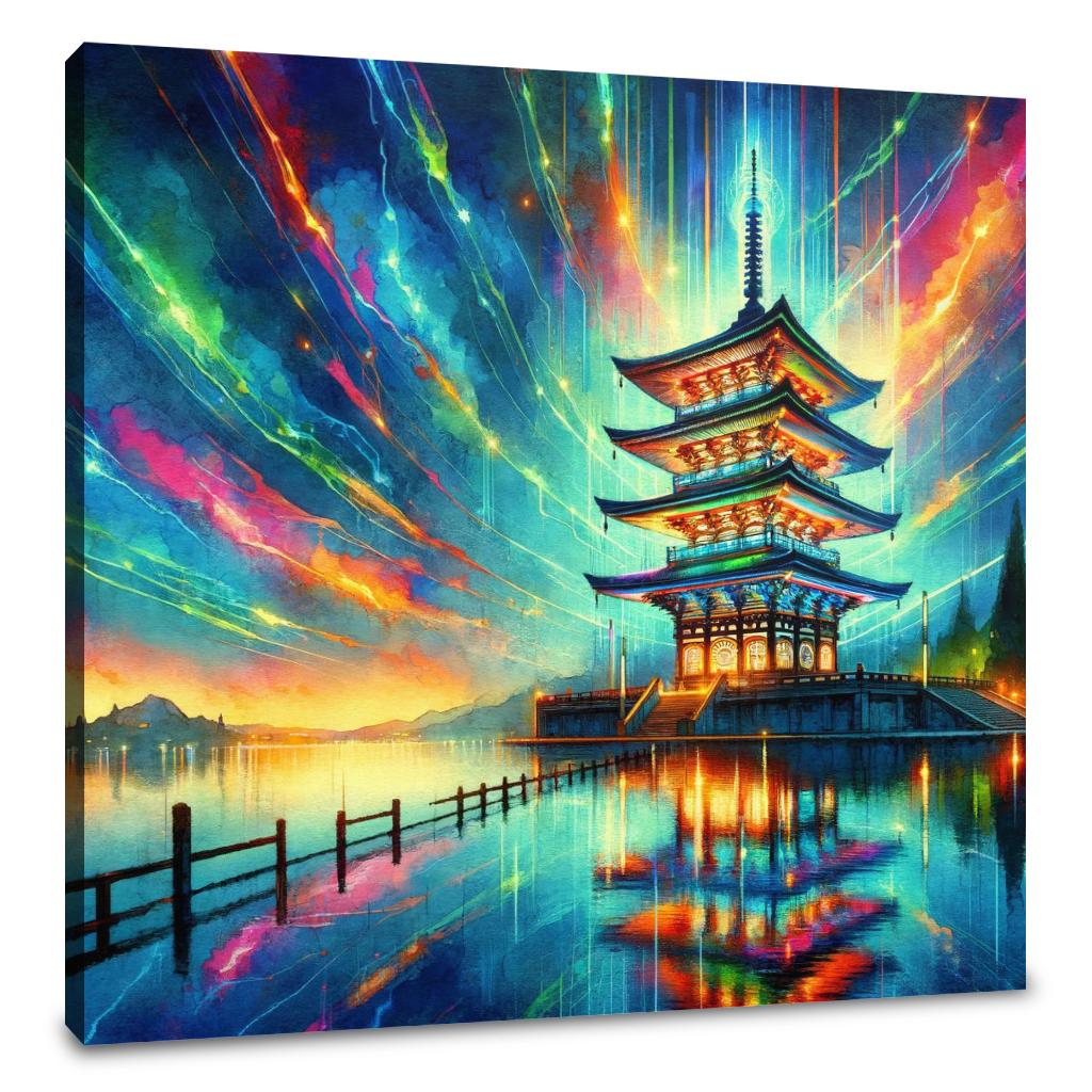 Neon Reflection Pagoda Canvas
