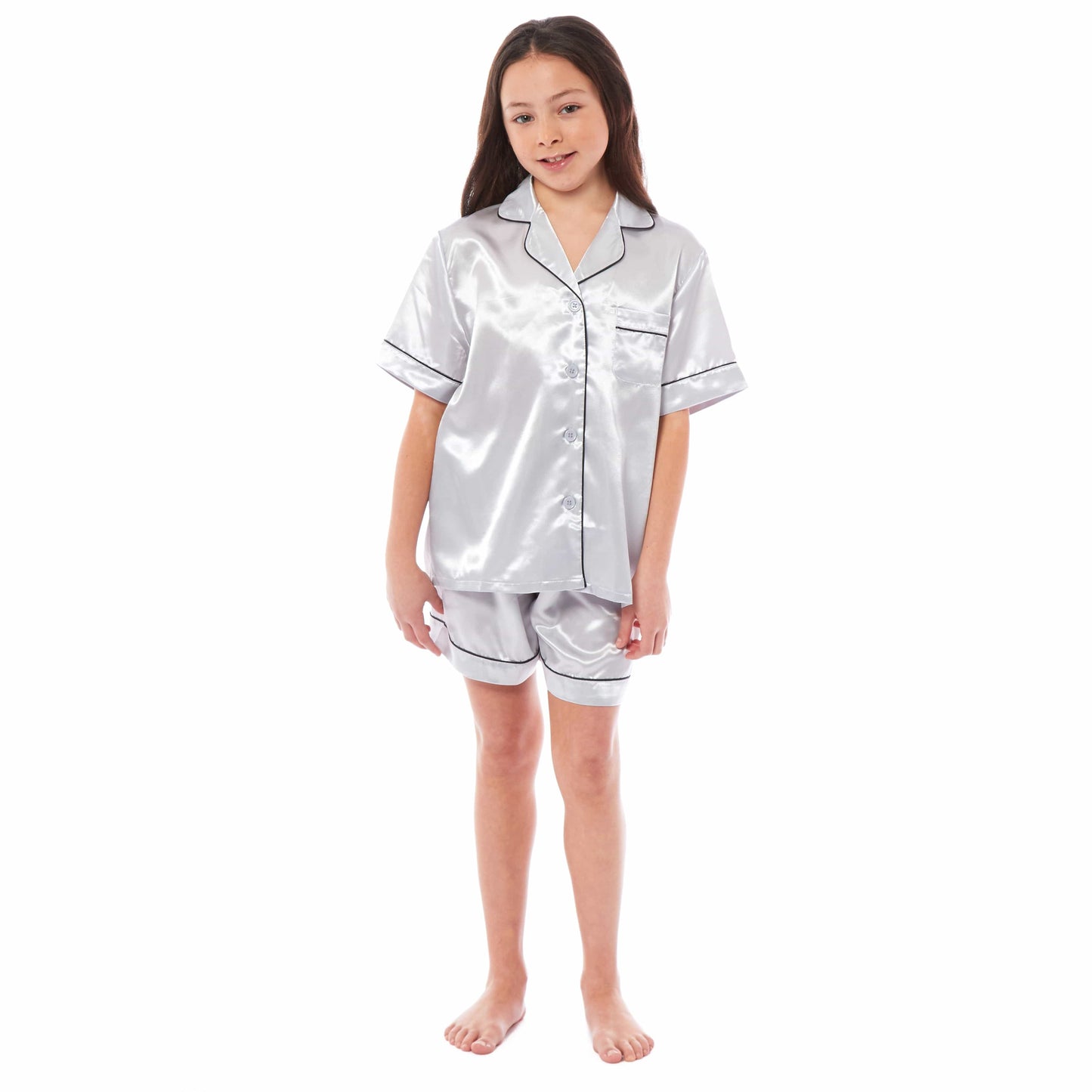 Girls Satin Silk Short Pyjama Set Button-Down Shirt and Loose-Fitting Pants Loungewear Nightwear for Ages 5-14 Black Pink Grey by Daisy Dreamer