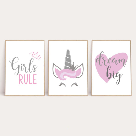Children's Girl's Rule Unicorn Dream Big Bedroom Wall Decor Set Of 3 Prints