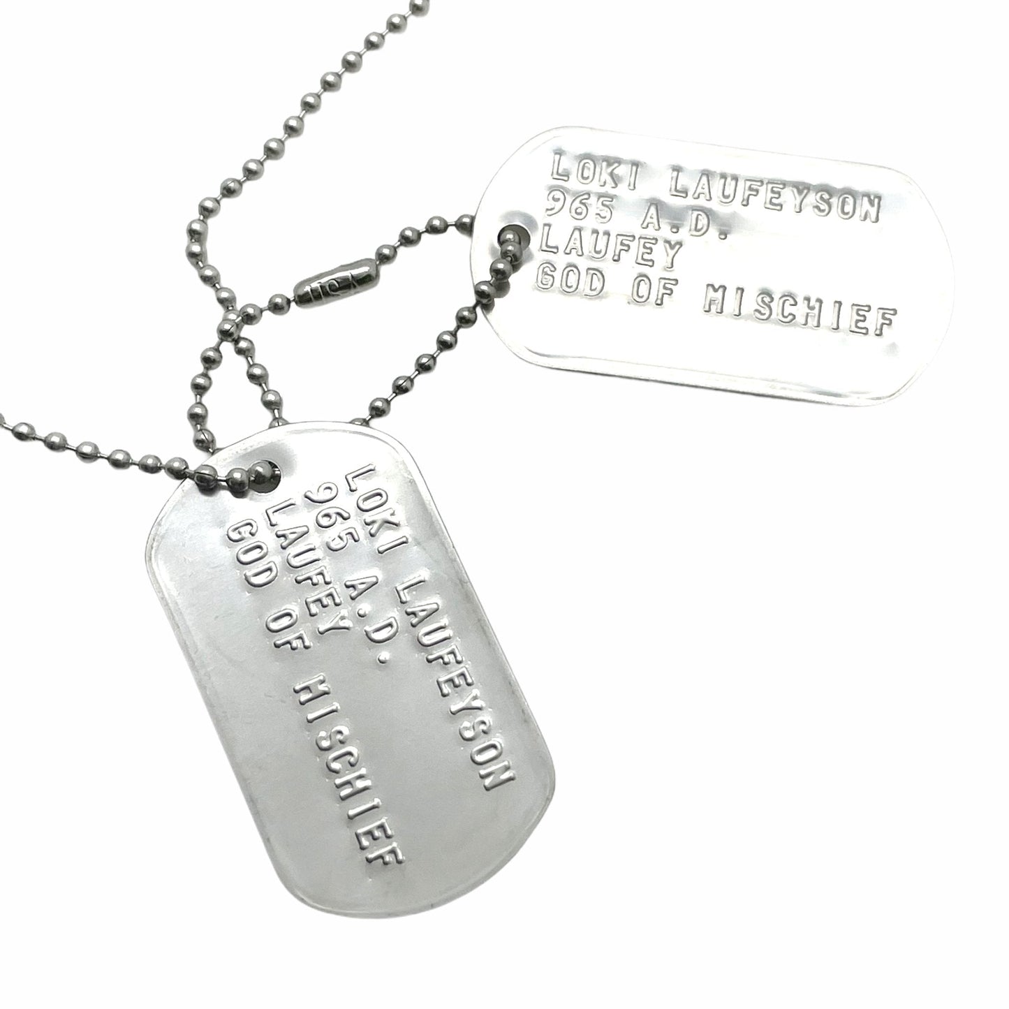 'GOD OF MISCHIEF' LOKI Military Dog Tags - Cosplay Costume Prop Replica - Stainless Steel Chains Included